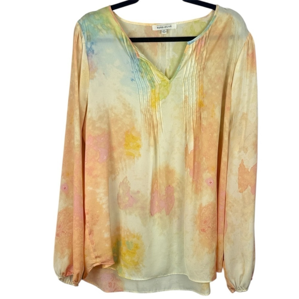 Rose & Olive Casual Pastel Tie-Dye Long Sleeve XL Blouse with Pleated Detail